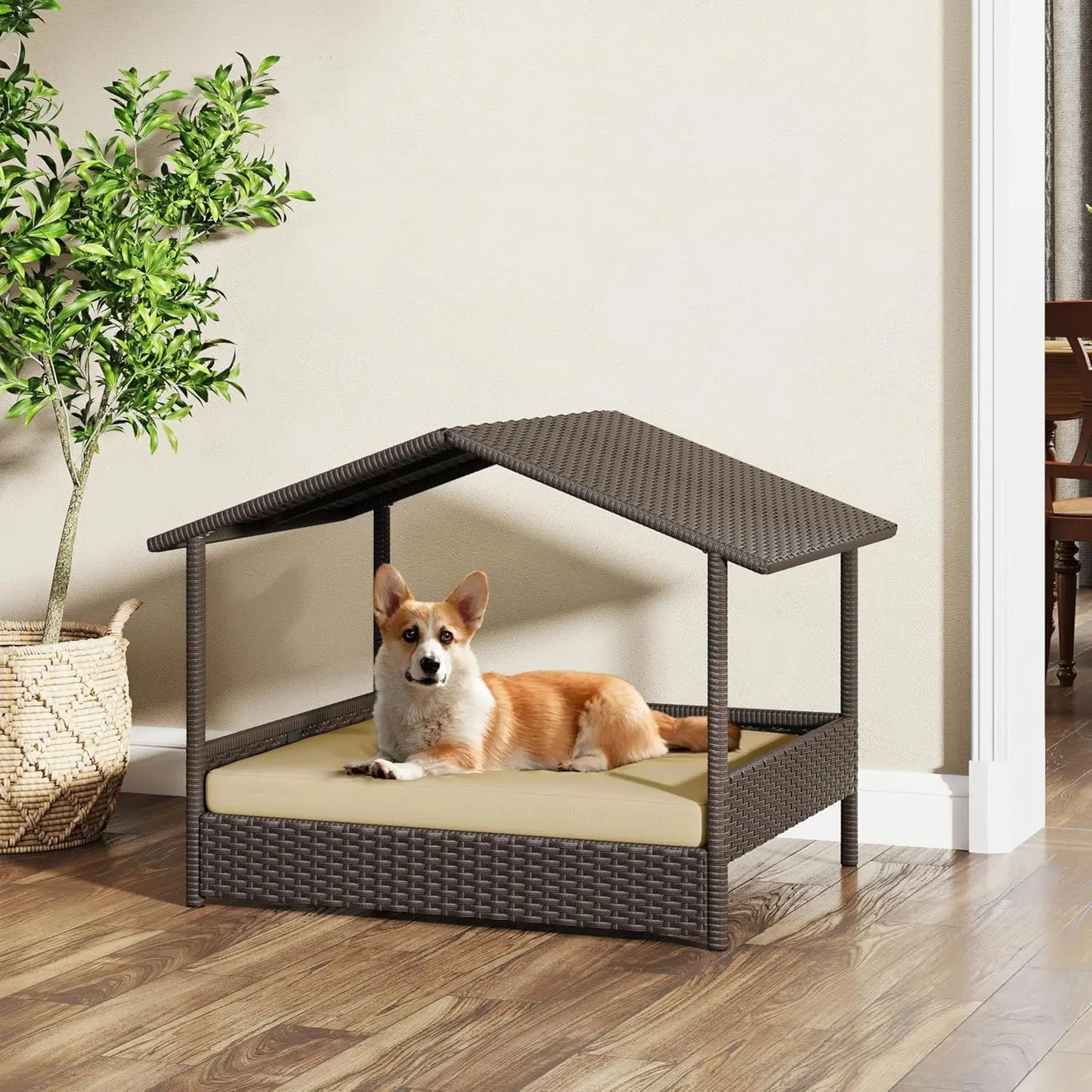 Wicker Dog House Outdoor Indoor with Canopy.