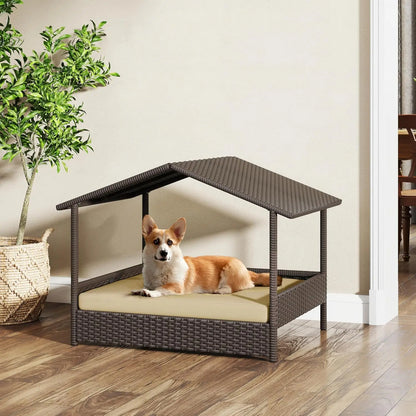 Wicker Dog House Outdoor Indoor with Canopy.