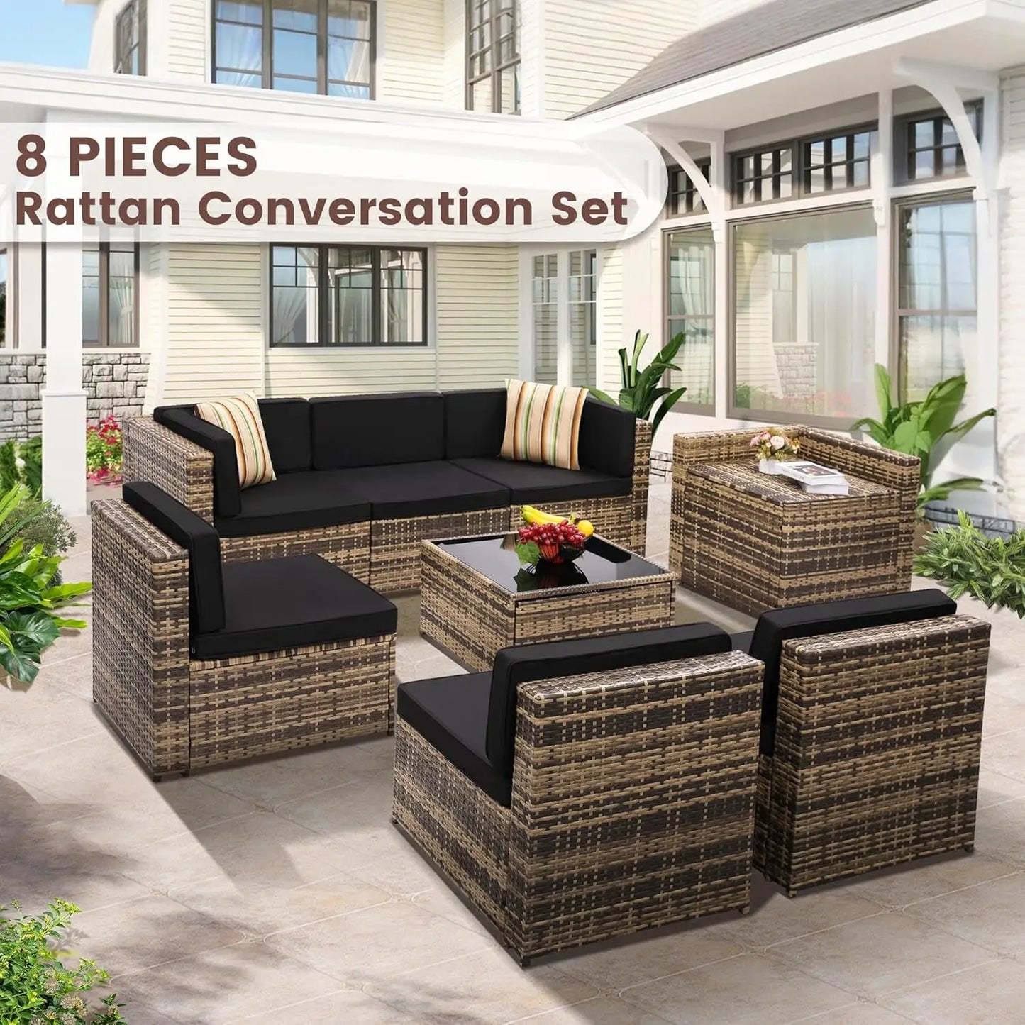 8 Pieces Outdoor Wicker Rattan Patio Furniture Sectional Set.