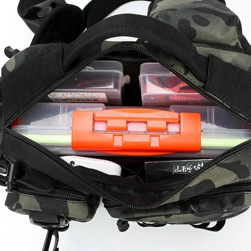 Fishing Tackle Backpack Lure Box Gear Storage Bag with Rod Holder Sling Shoulder Bag.