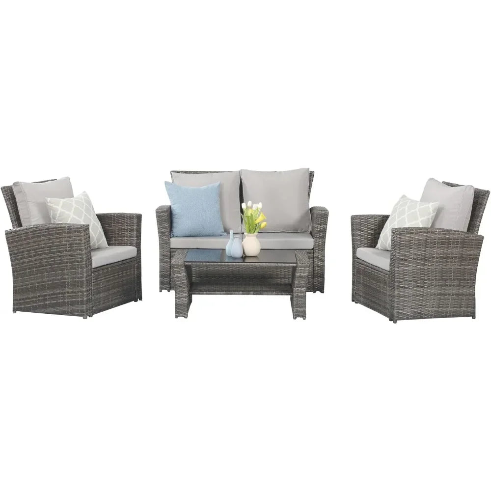 4 Piece Outdoor Patio Furniture Sets, Wicker.