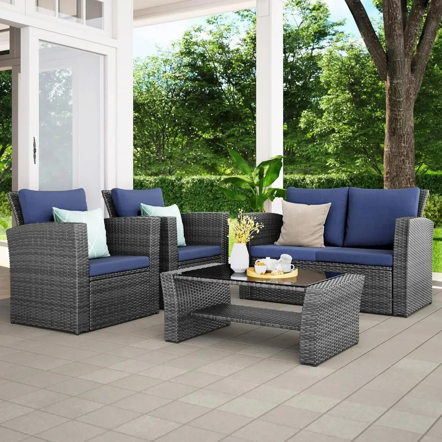 4 Piece Outdoor Patio Furniture Sets, Wicker.