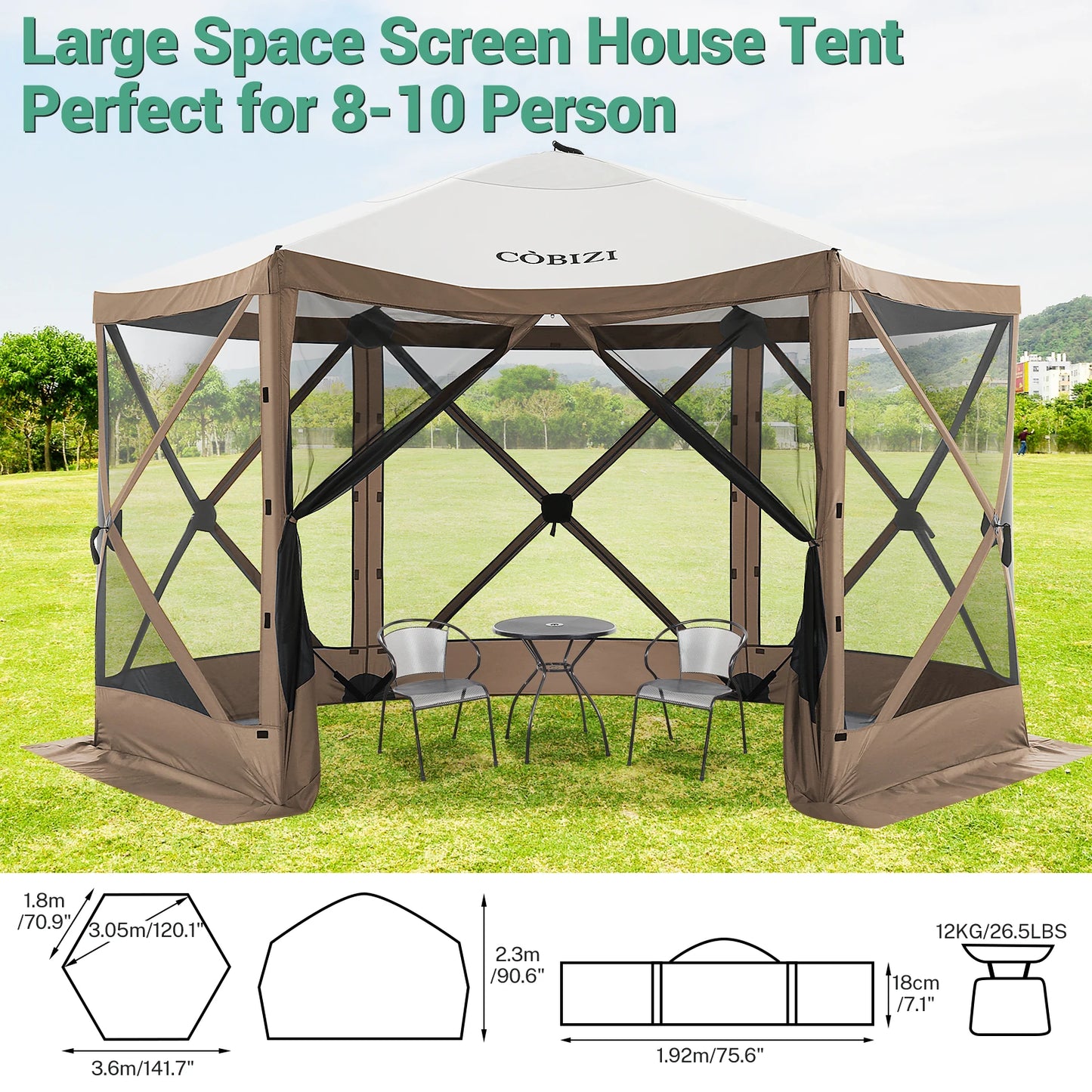 12x12ft Pop up Gazebo Screen House Tent with Mosquito Netting, 6 Sided.
