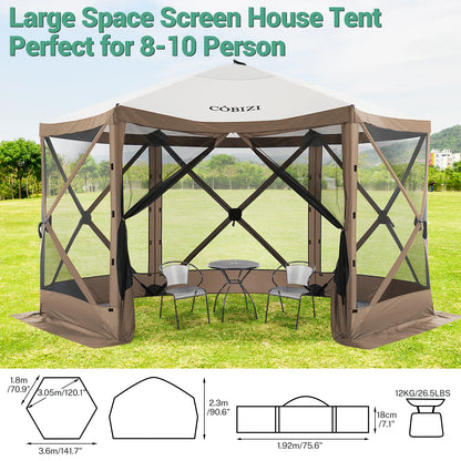 12x12ft Pop up Gazebo Screen House Tent with Mosquito Netting, 6 Sided.