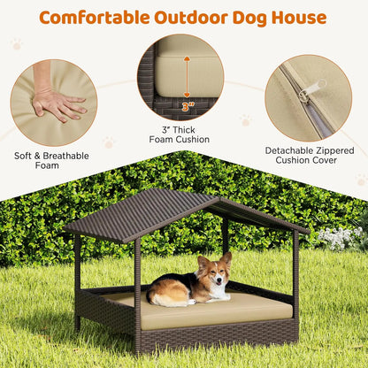 Wicker Dog House Outdoor Indoor with Canopy.