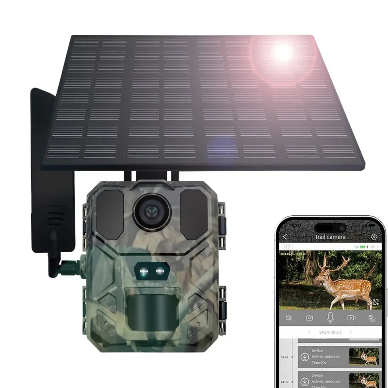 Wildlife Camera 4G Integrated Solar Powered 30MP 4K Night Vision Trail Camera Phone APP 120 Detection Angle Motion Sensors Cam
