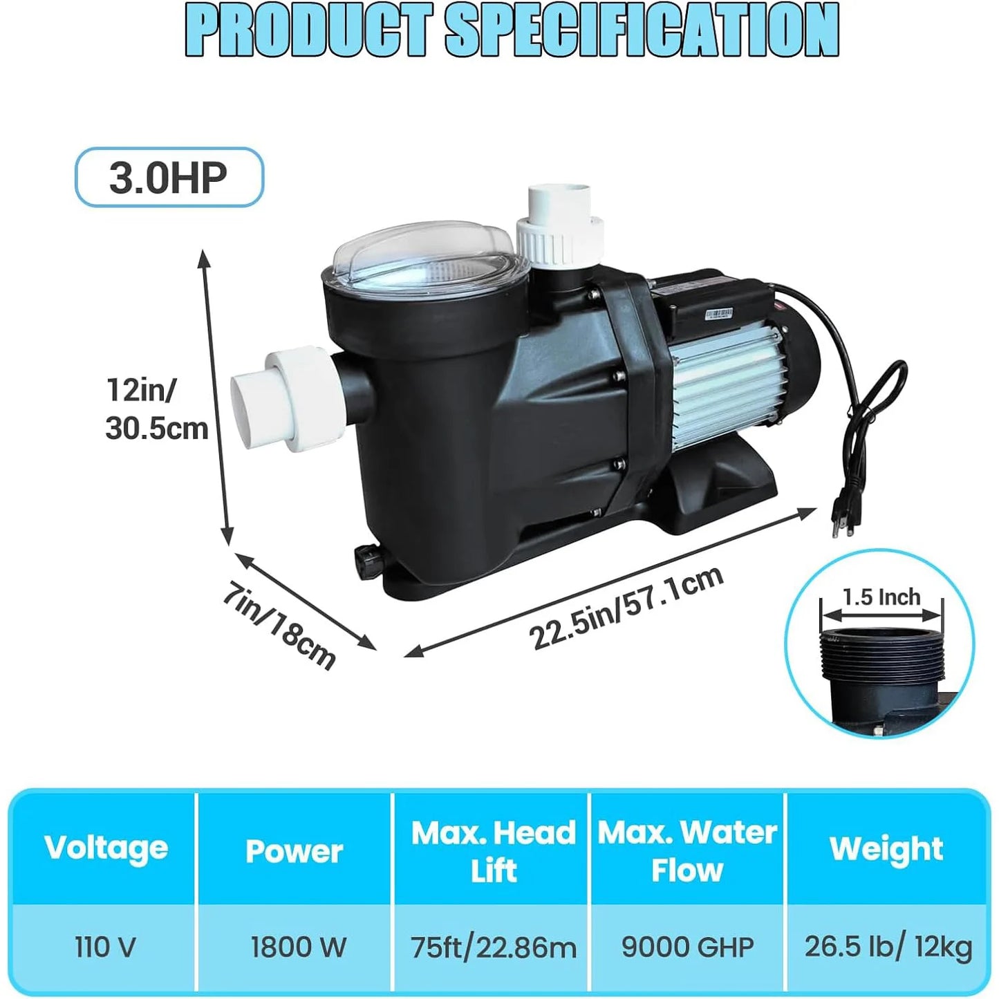 Swimming Pool Pump 3HP 110V 1100W 9000 GPH for Above Ground Pool.